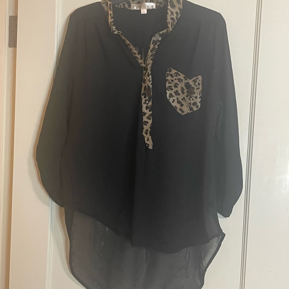Penelope brand black sheer blouse with leopard detail. Size lg Good condition